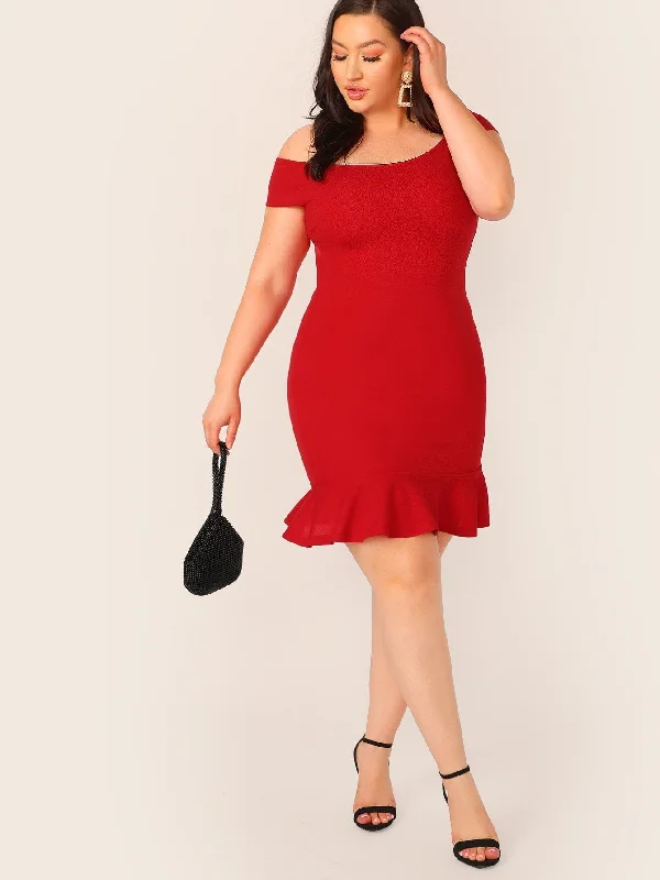 Plus Off Shoulder Fishtail Hem Dress Wrap unclassified dresses