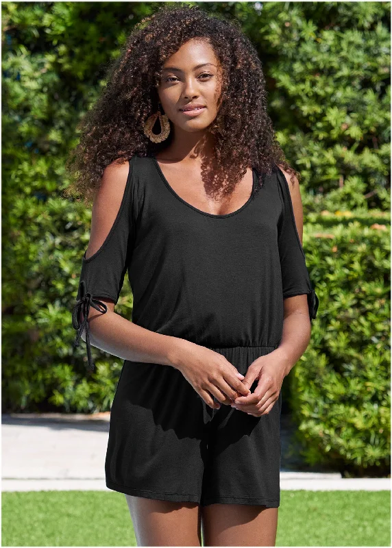 Cold Shoulder Romper - Black Chiffon unclassified dresses