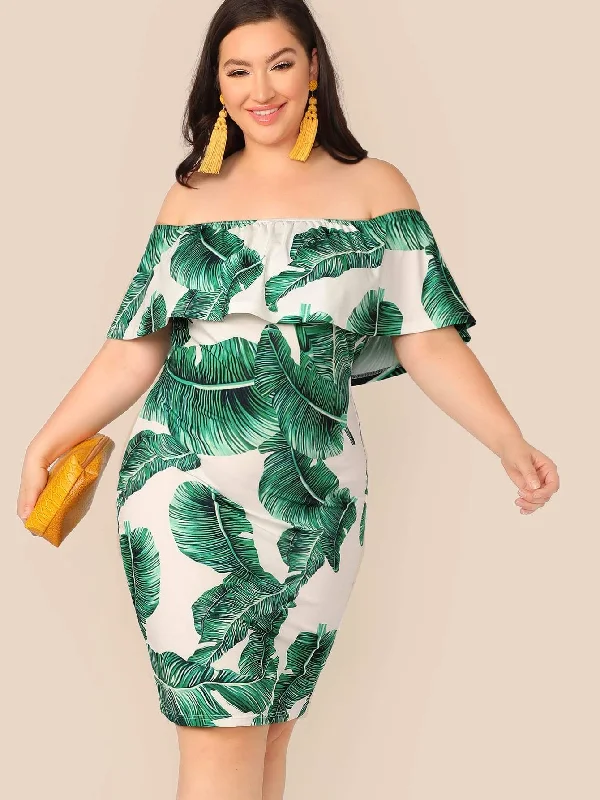 Plus Tropical Print Flounce Foldover Bardot Dress Lightweight unclassified dresses