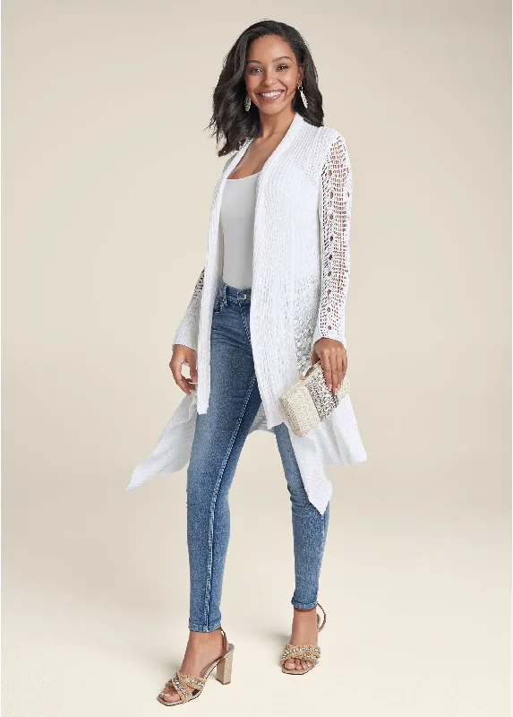 Crochet Sleeve Duster - White Backless unclassified dresses