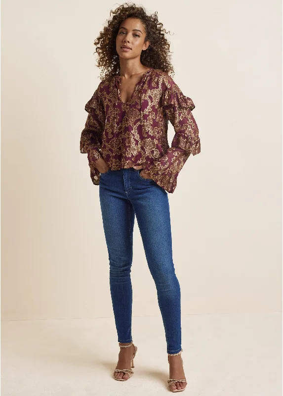 Shimmer Tiered Sleeve Top - Wine & Gold Polka dot unclassified dresses
