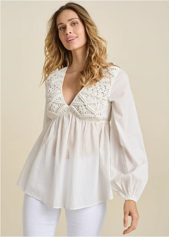 Macrame Babydoll V-Neck Top - Off White Wedding guest unclassified dresses