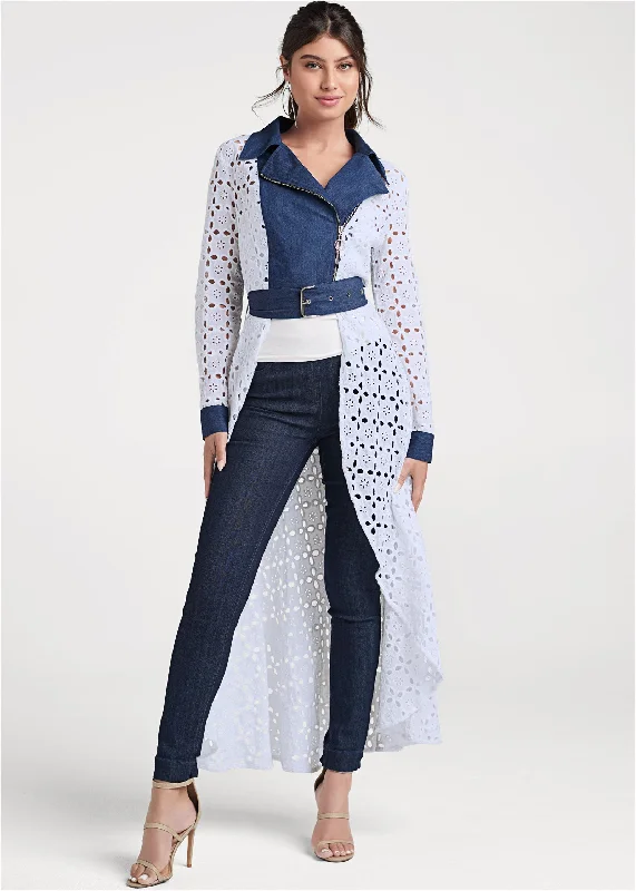 High-Low Eyelet Jacket - Indigo & White Party unclassified dresses