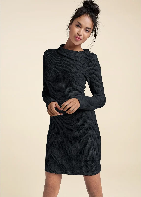 Brushed Waffle Foldover Dress - Black Bold pattern unclassified dresses