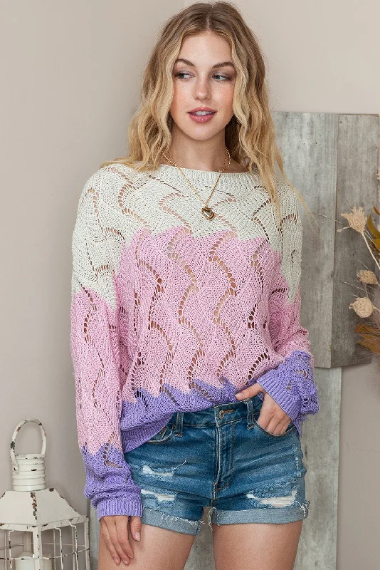 Round Neck Openwork Dropped Shoulder Sweater Fashionable Sweatshirts for Women