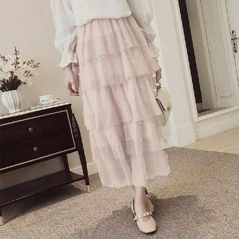 Ruffles Pearls Beading Mesh Tulle Long Skirt