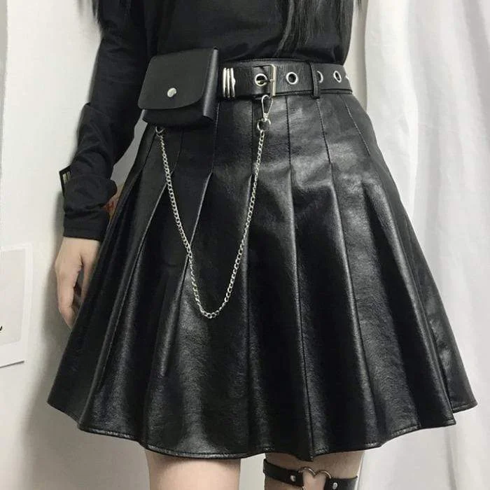 Women's Gothic Faux Leather Pleated Skirts With Chain