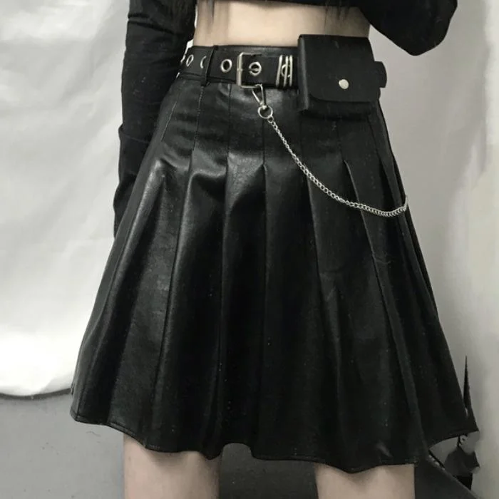 Women's Gothic Faux Leather Pleated Skirts With Chain