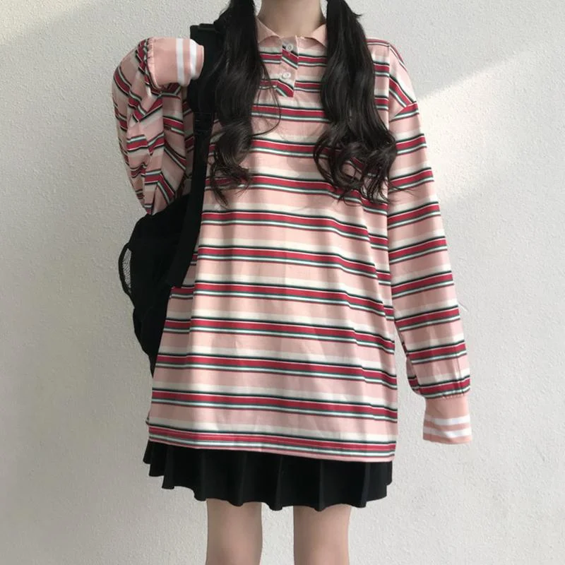 Women's Harajuku Long Sleeved Striped Shirts