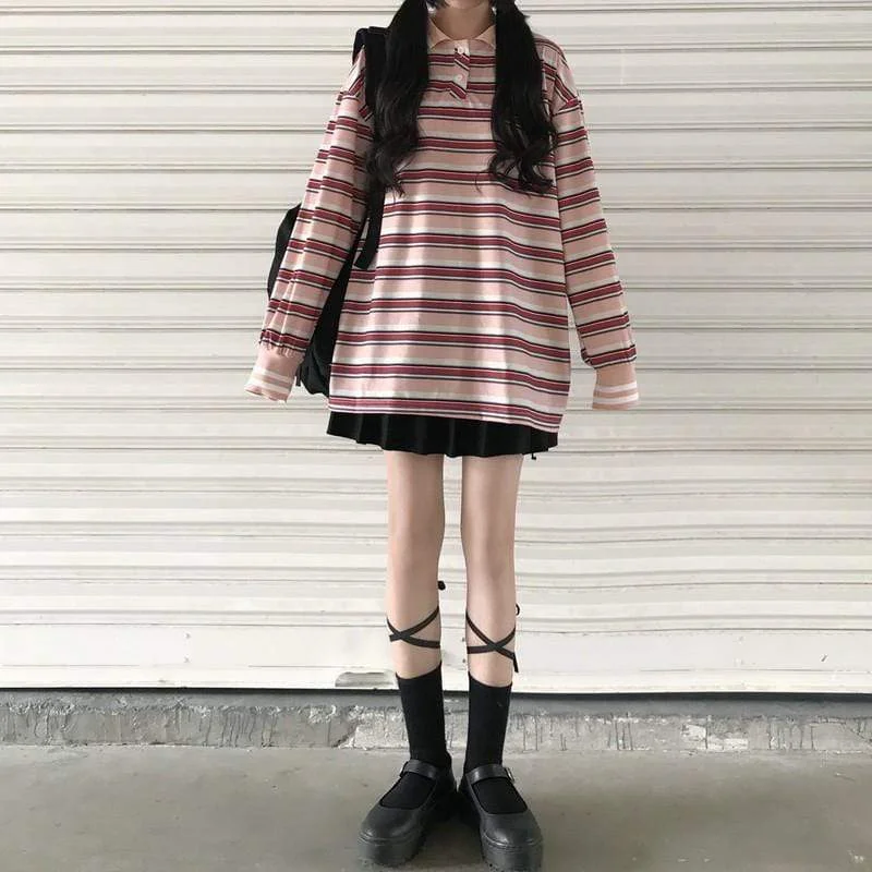 Women's Harajuku Long Sleeved Striped Shirts