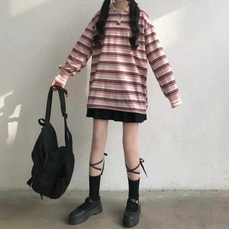 Women's Harajuku Long Sleeved Striped Shirts