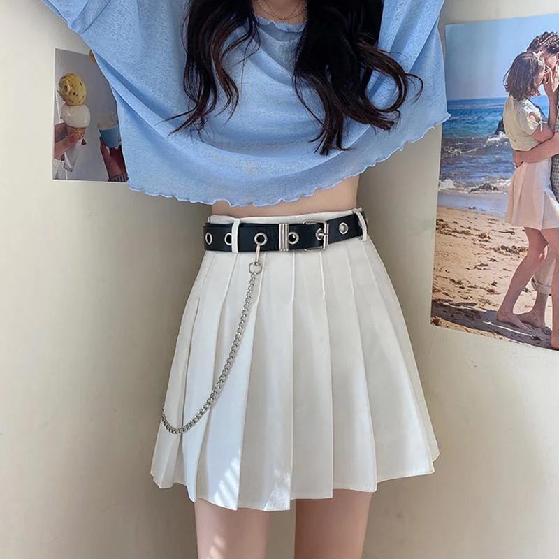 Women's Solid Color Pleated Skirts With Belt And Chain