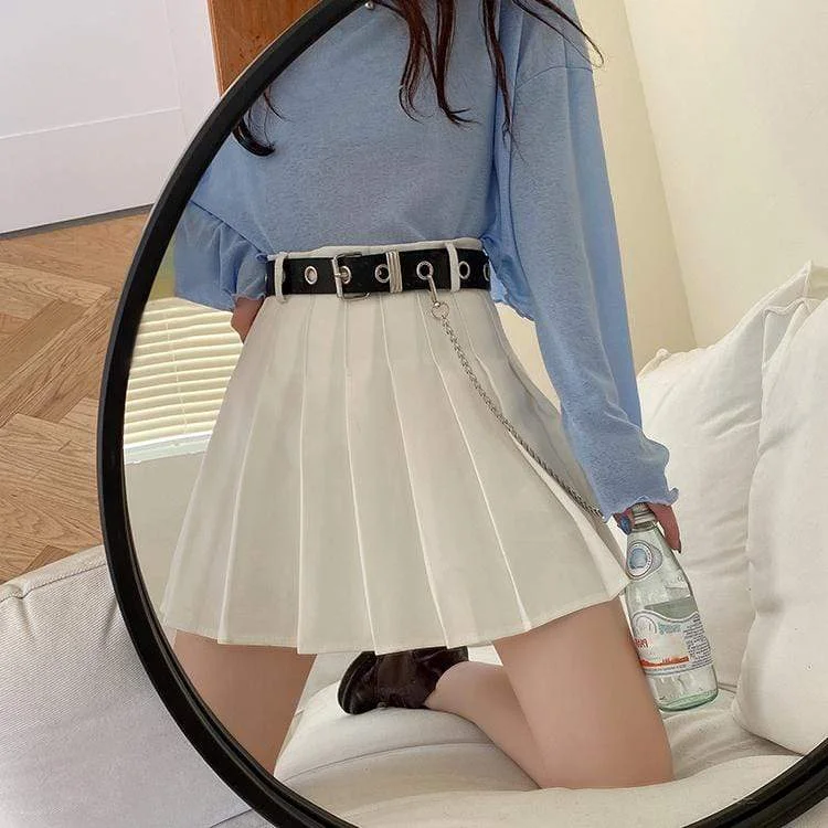 Women's Solid Color Pleated Skirts With Belt And Chain