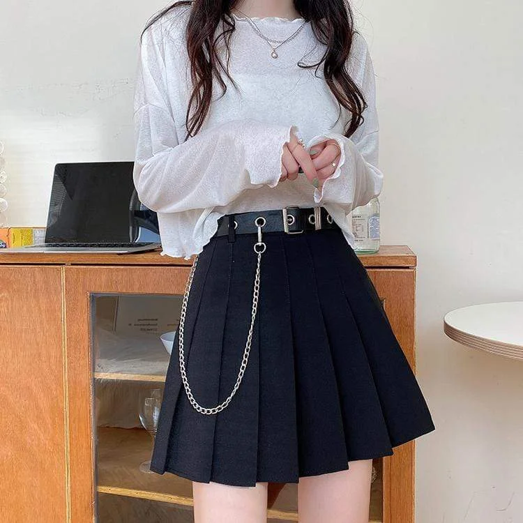 Women's Solid Color Pleated Skirts With Belt And Chain