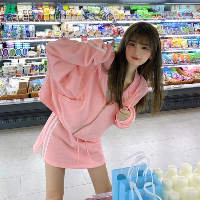 Women's Sweet Loose Front Zip Sport Coats And Pink Slit Skirts  