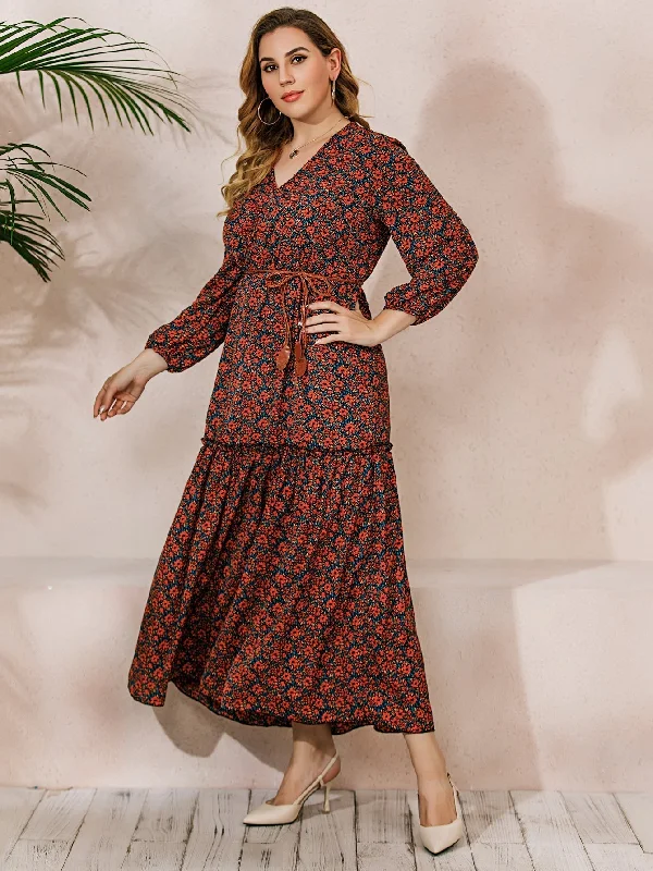 KittenAlarm - French Elegant Large Size Oversize Red Printed Long Sleeve V-Neck Dress