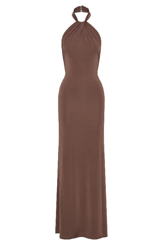 Elyna Slinky Halter Maxi Dress - Chocolate