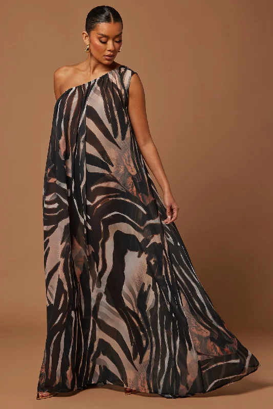 Florence Chiffon Kaftan Maxi Dress - Black/Brown