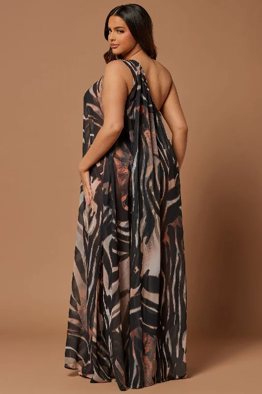 Florence Chiffon Kaftan Maxi Dress - Black/Brown