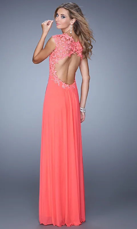 Beaded Cap-Sleeve Long Prom Dress by La Femme