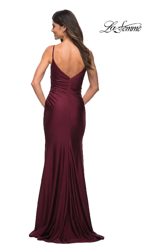 La Femme Long Jersey Ruched Prom Dress with Train