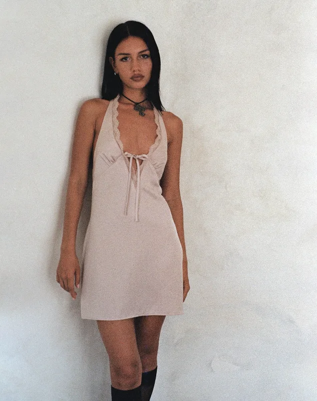 Maruko Halterneck Mini Dress in Satin Champagne