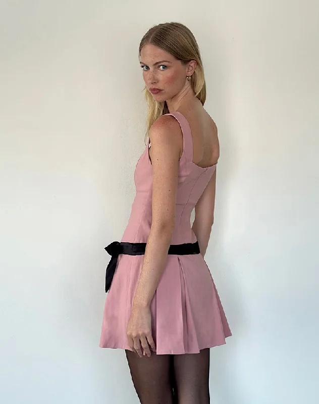 Michelia Mini Dress in Pink with Black Bow