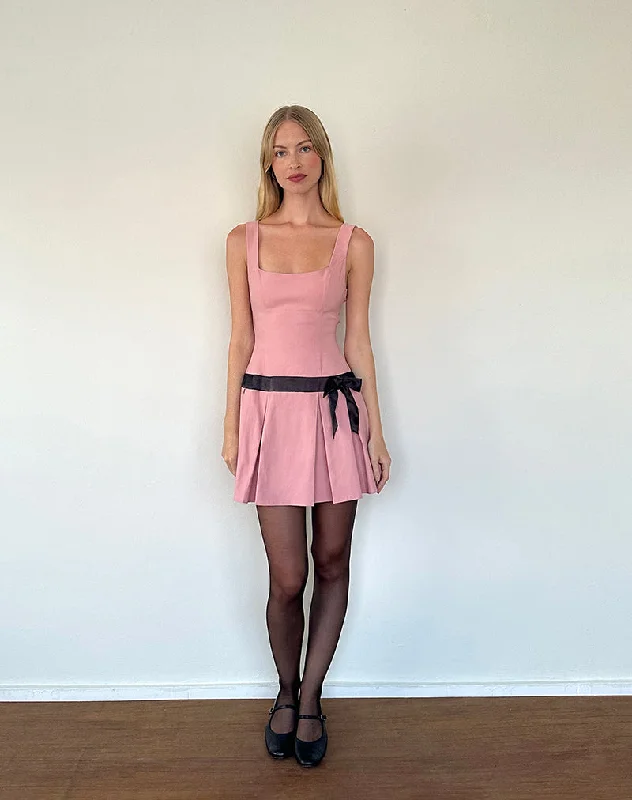 Michelia Mini Dress in Pink with Black Bow