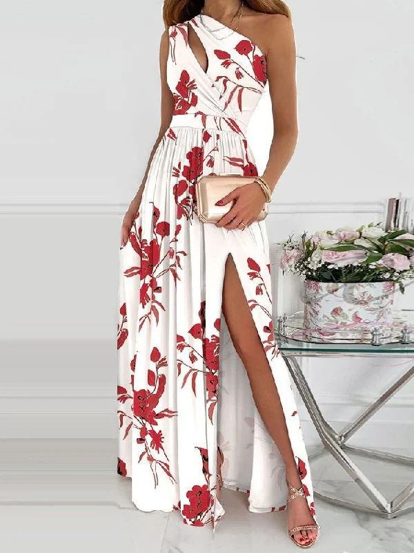 One-Shoulder Hollow High Slit Print Maxi Dress