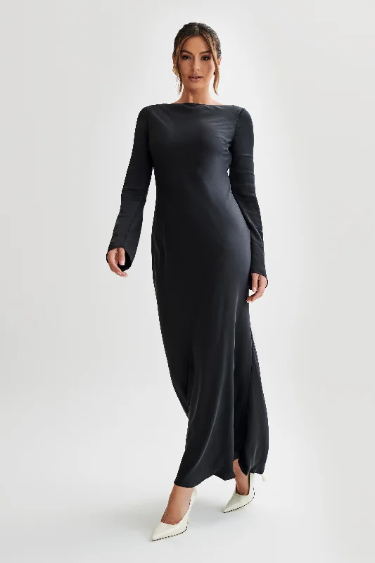 Rayleigh Long Sleeve Satin Maxi Dress - Black