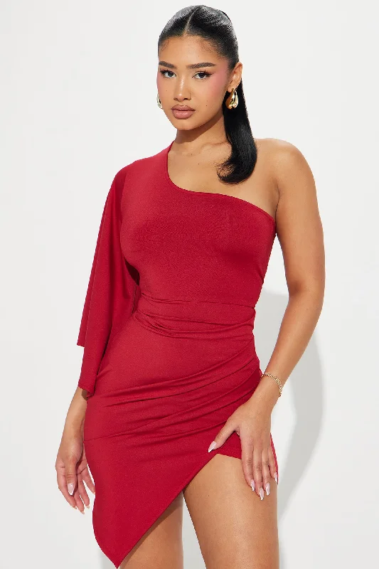 Serving Up Class One Shoulder Mini Dress - Wine