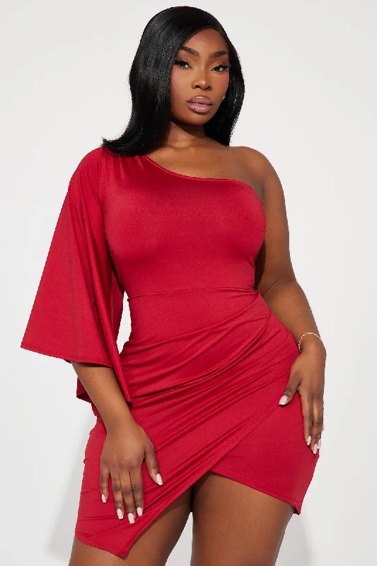 Serving Up Class One Shoulder Mini Dress - Wine