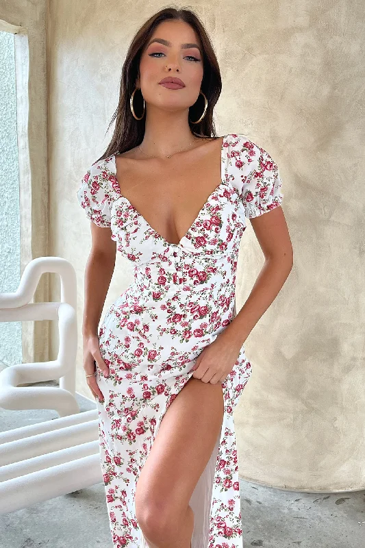 Solem Midi Dress - White / Rose Floral