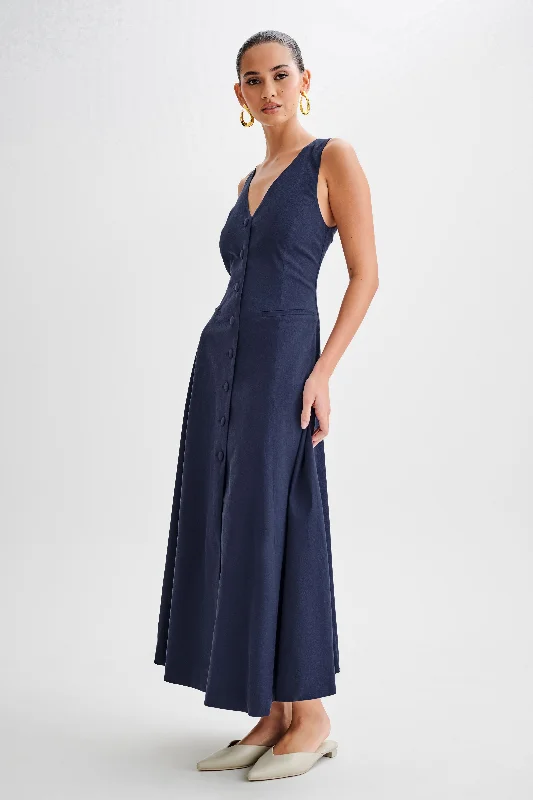 Theodora Cotton Buttoned Midi Dress - Navy