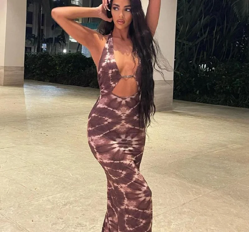 Tie Print Sling Halter Backless Sleeveless Maxi Dresses