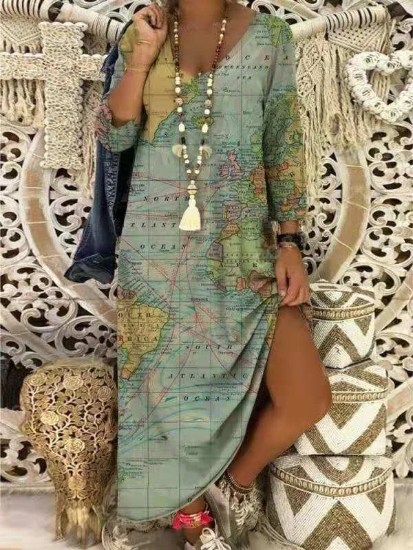 V-neck Earth Print Mid-sleeve Long Dress