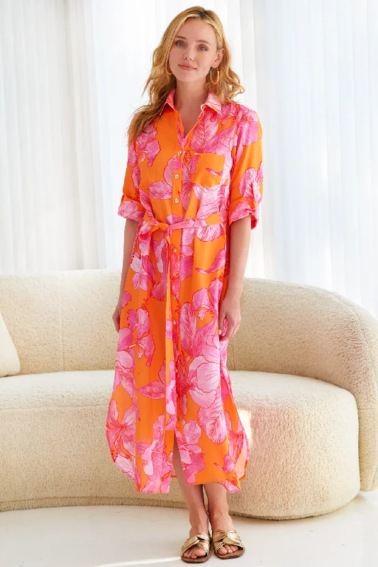 Alex Tie-Front Maxi Shirt Dress, Royal Hawaiian Print