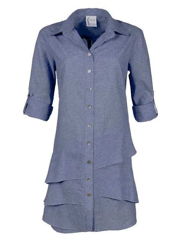 Jenna Ruffle-Tier Shirt Dress, Blue Cotton/Linen Oxford