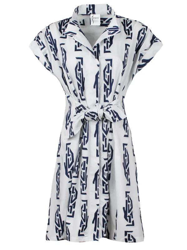 Rocky Tie Front Dress Navy Greek Key Print