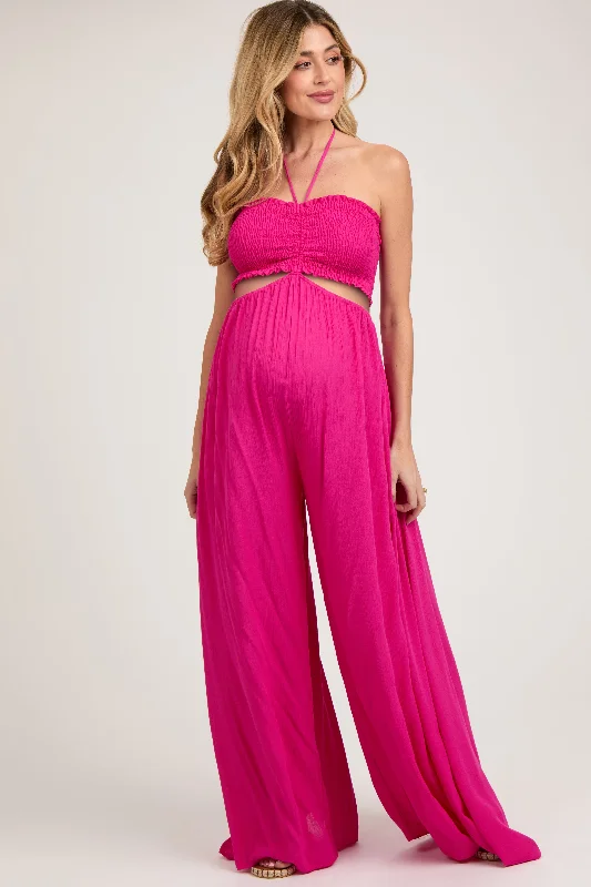 Fuchsia Smocked Drawstring Halter Side Cutout Maternity Jumpsuit Mermaid unclassified skirts