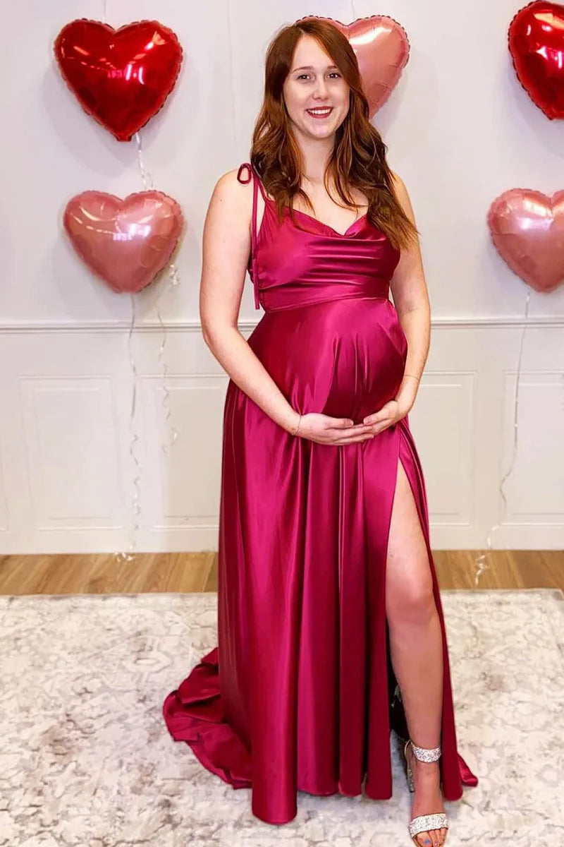 Bridesmaid Dress Burgundy Satin Spaghetti Straps A-Line Long Holiday maxi dresses