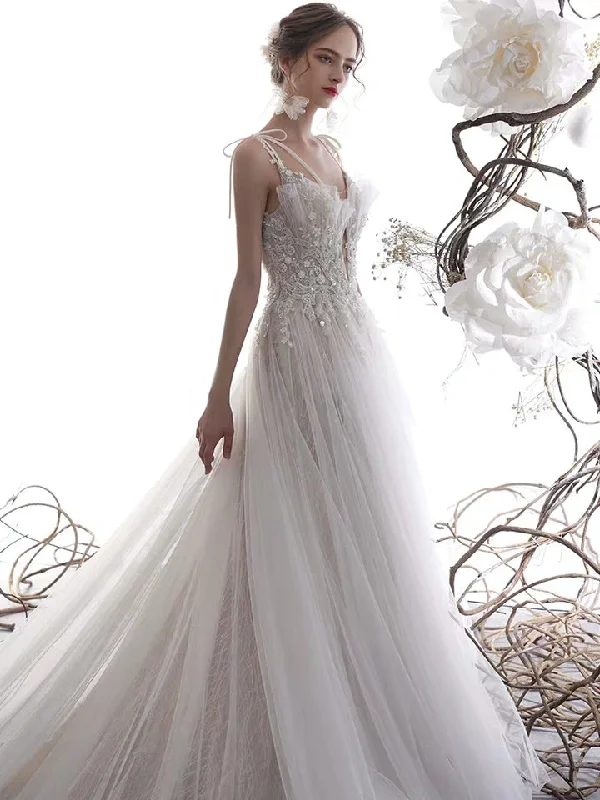 Ivory Lace Tulle Wedding Dresses, Long Wedding Dresses, Romantic Wedding Dresses Beaded Bridal Gown