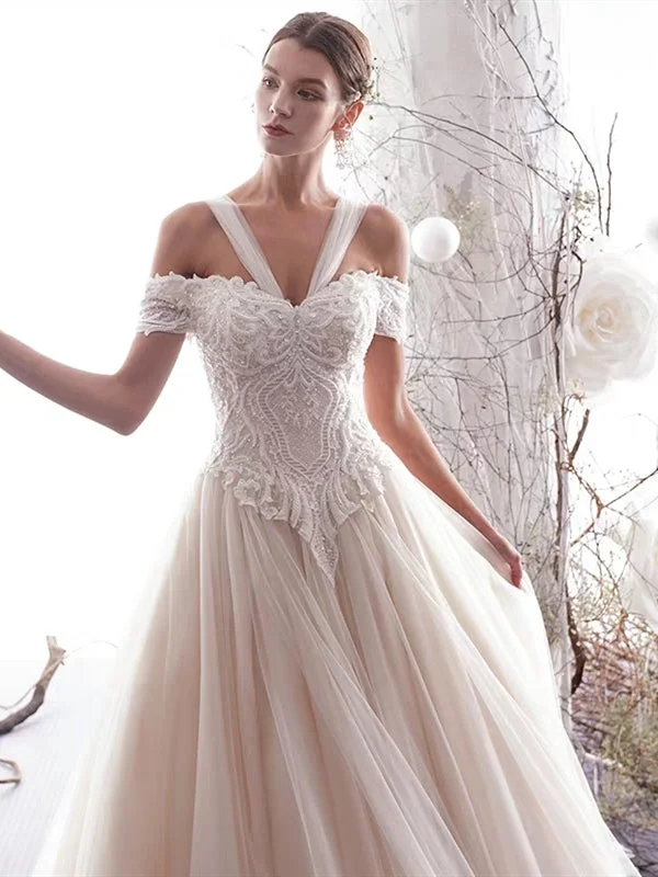 Off Shoulder Elegant Lace Tulle Wedding Dresses, New Wedding Dresses, Long Bridal Gown A-line Wedding Gown
