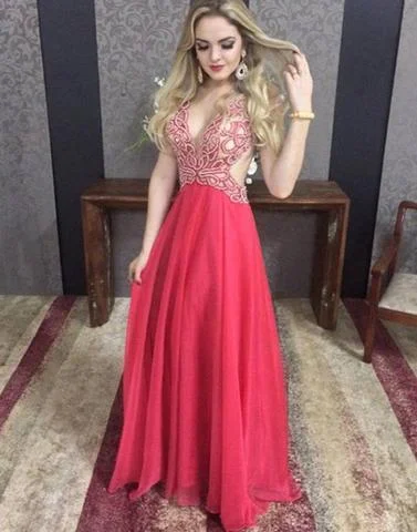 red open back v-neck long sexy prom dress, evening gown, PD45677 Trendy maxi dresses under $50