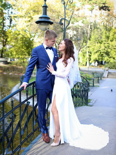 Sexy Slit Wedding Dresses Long Sleeve Sweep/Brush Train Bridal Gown JKW062 Soft Wedding Gown