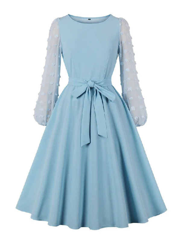 Swiss Dot Mesh Long Sleeve Spring Belted Swing Women Light Blue Elegant Ladies Midi Dresses Minimalist midi dresses