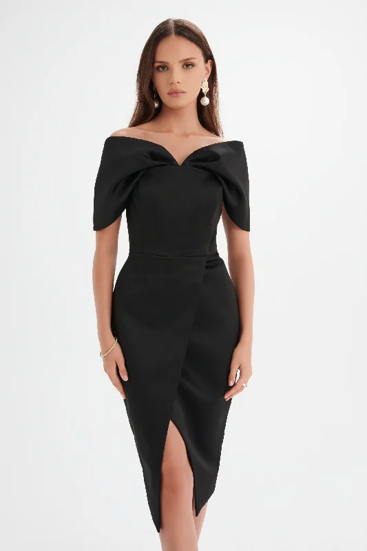 HARLEEN Draped Bardot Bonded Satin Midi Dress In Black Pleated A-line Skirt